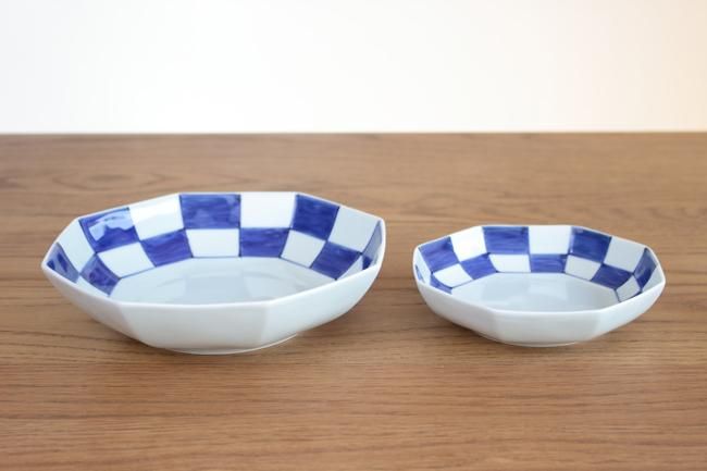 美品 未使用 村田森さん 染付市松角丸皿 美品 未使用 村田森さん 染付