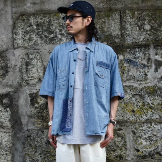 キャルオーライン ( CAL O LINE ) BANDANA CHAMBRAY S/S SHIRT / バンダナ シャンブレー シャツ BLUE  メンズ レディース - エンシニータス