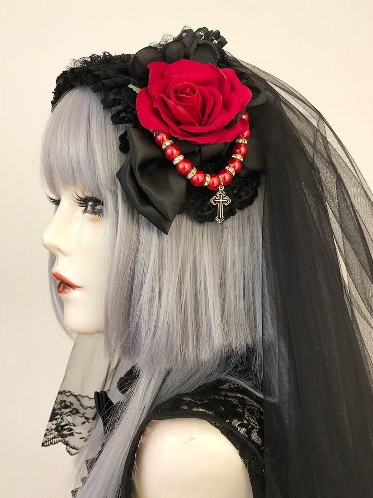 ロングヴェールカチューシャ／黒×赤 - Estrellas Webshop