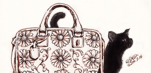 サトウヒロシ｜描き下ろし｜マーガレット鞄と黒猫
