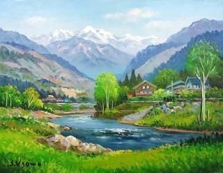 油彩 羽沢清水 飛騨高山 F4 油絵 作品キャンパスのみ 真作 - 丸