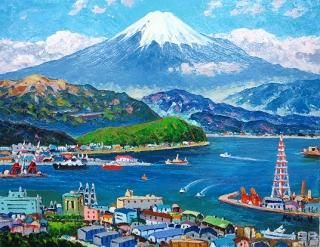 油彩 半澤国雄 清水港より富士 SM 油絵 作品キャンパスのみ 真作