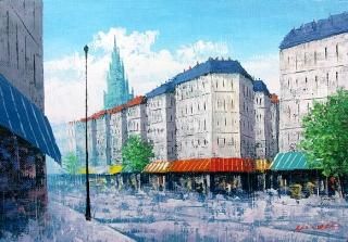 油彩 広瀬和之 塔のある街 F10 油絵 作品キャンパスのみ 真作