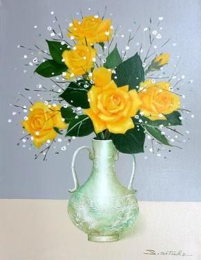 油彩 千賀節子 黄薔薇 油絵 F6 作品キャンパスのみ 真作 - 丸昇
