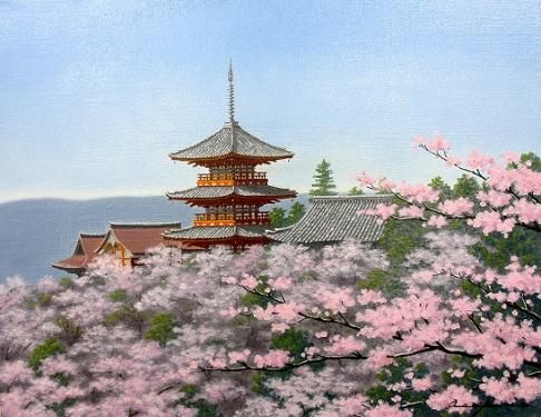 真作】【WISH】朝隈敏彦「清水寺 三重塔」油彩 SM ◇黄金に