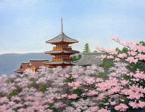 油彩　朝隈敏彦　清水寺に桜　油絵　Ｆ４　作品キャンパスのみ　真作 - 丸昇オンラインショップ