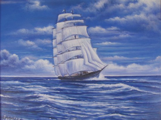 絵画 中島達幸 大海原の帆船 Ｆ６ 油絵 額付き 送料無料 - 丸昇
