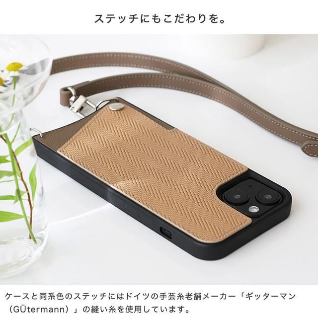 ★フィン。【スマホショルダー／ペンケース】tambourine チャコール ストラップ付きショルダーケースフルグレインレザーヘリンボーン