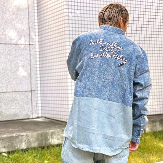 <img class='new_mark_img1' src='https://img.shop-pro.jp/img/new/icons1.gif' style='border:none;display:inline;margin:0px;padding:0px;width:auto;' />【LEFLAH】switched denim no-collar shirts（BLU）
