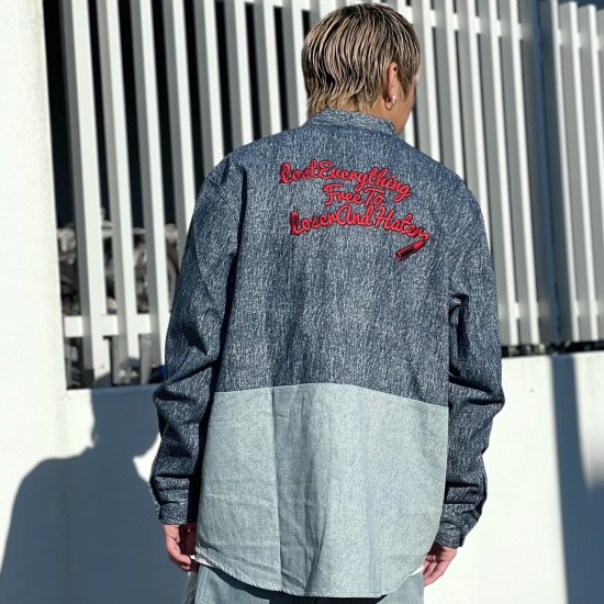 <img class='new_mark_img1' src='https://img.shop-pro.jp/img/new/icons1.gif' style='border:none;display:inline;margin:0px;padding:0px;width:auto;' />【LEFLAH】switched denim no-collar shirts（NVY）